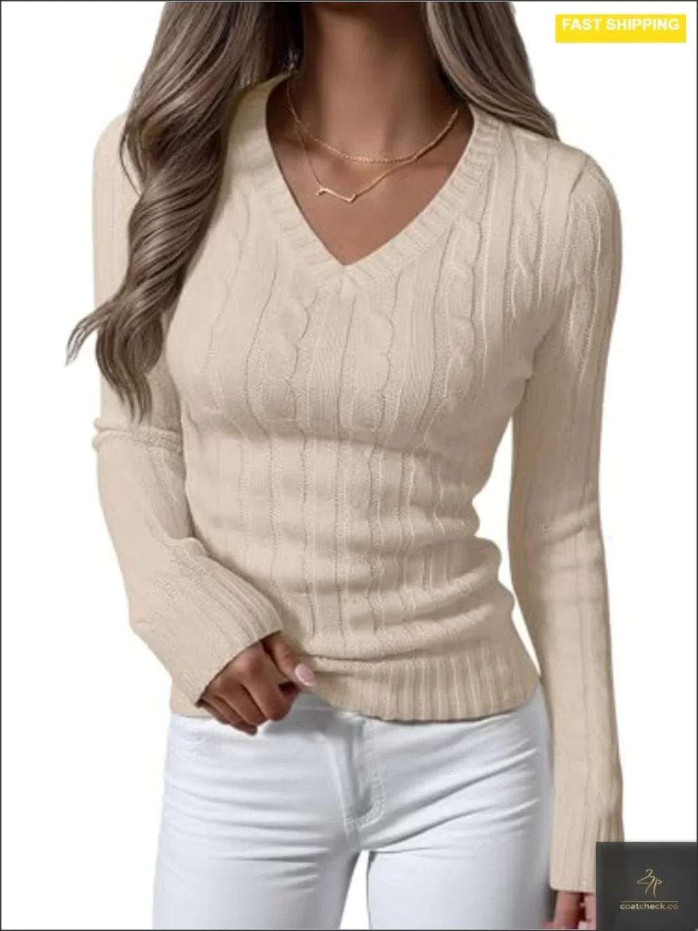 Women's Cable Knit V Neck Fitted Sweater Long Sleeve Pullover Top Soft Cozy
